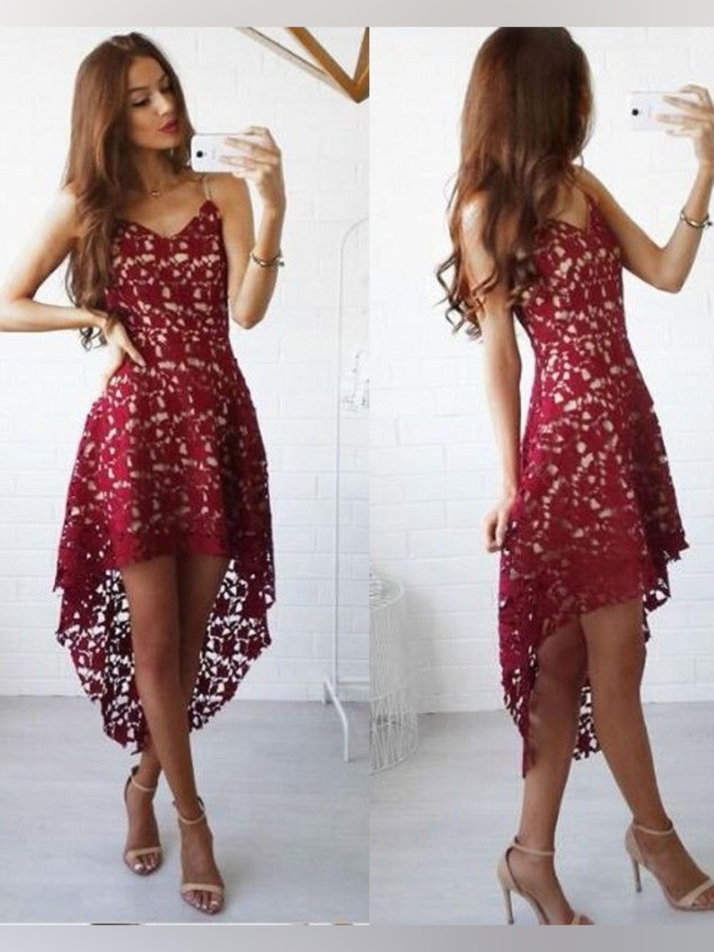 Spaghetti-Strap Burgundy Lace High-Low Dress